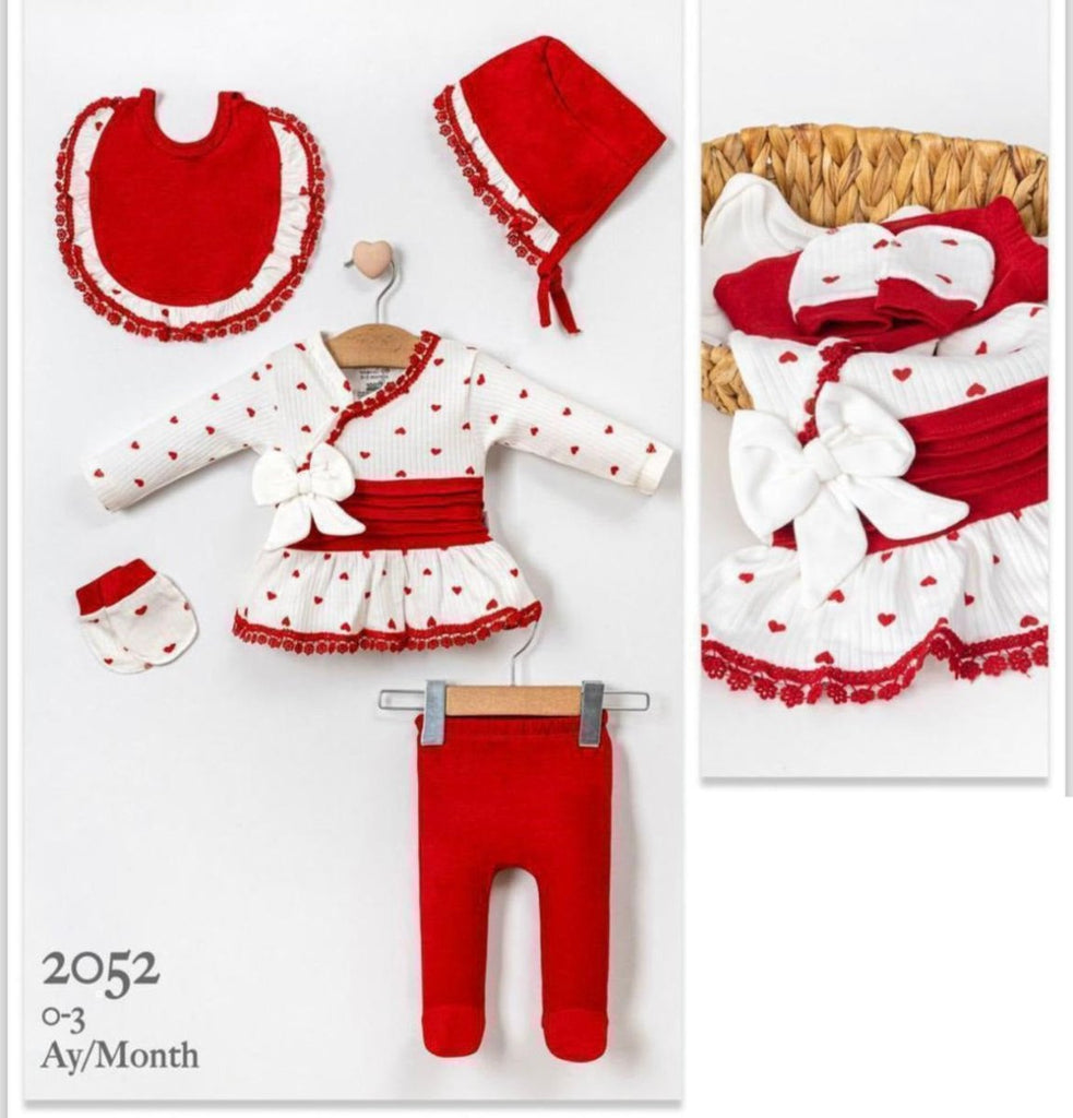 Newborn Baby Girl 5-Piece Red Heart Outfit – Cosy  Set