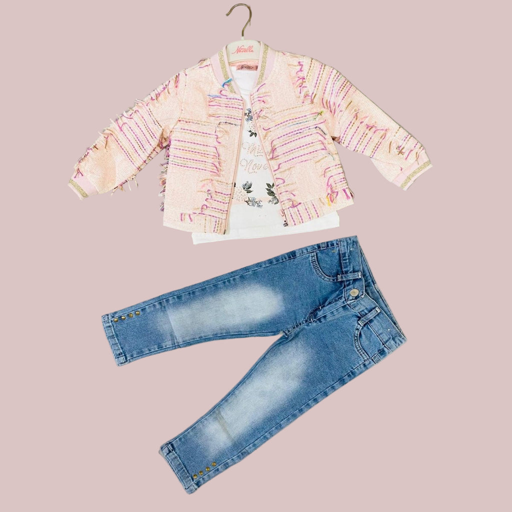 Girls Three Piece Embossed Jacket, Diamante Top & Jeans Set