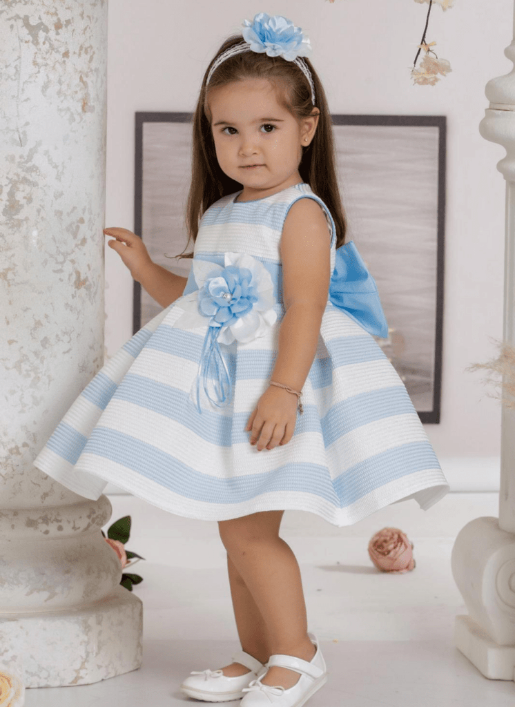 Baby girls blue and white striped dress with headband