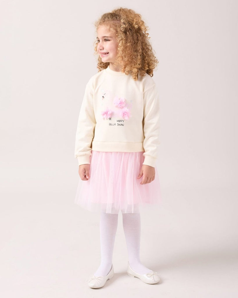 Girls Petal Swan Print Full Sleeve Dress pink
