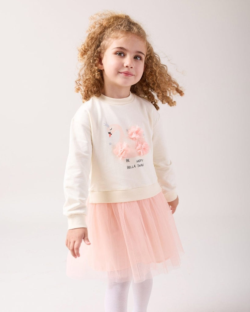 Girls Petal Swan Print Full Sleeve Dress peach