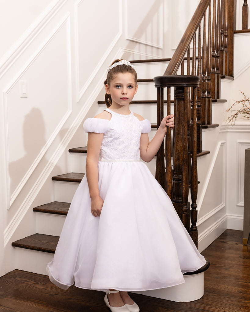 Joan Calabrese Cold Shoulder Holy Communion Dress – Elegant White Design
