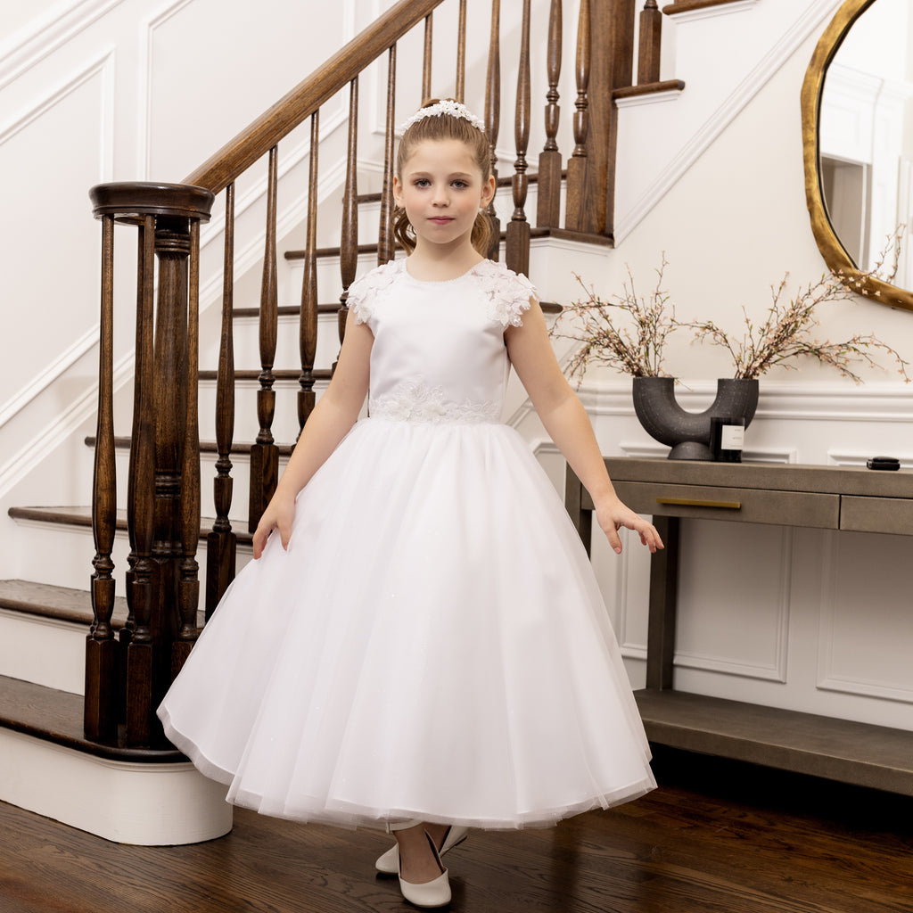 Joan Calabrese Short Sleeve Communion Dress with Beadwork & Embroidery