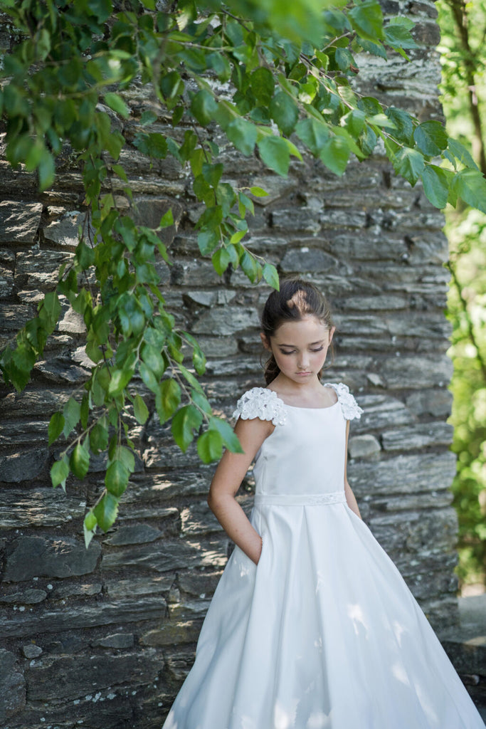 Macis Designs Princess Communion Dress – 3D Beaded Flowers & Satin Skirt