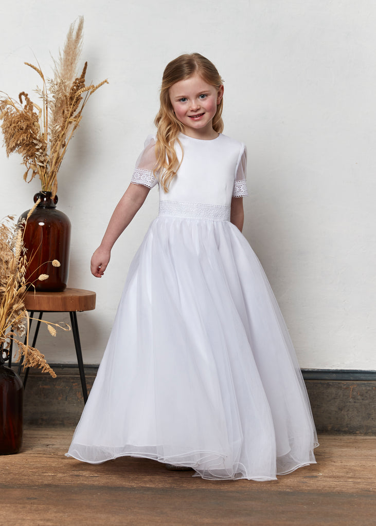 Emily Grace Satin Elegance Holy Communion Dress with Lace Sleeves and Tulle Skirt