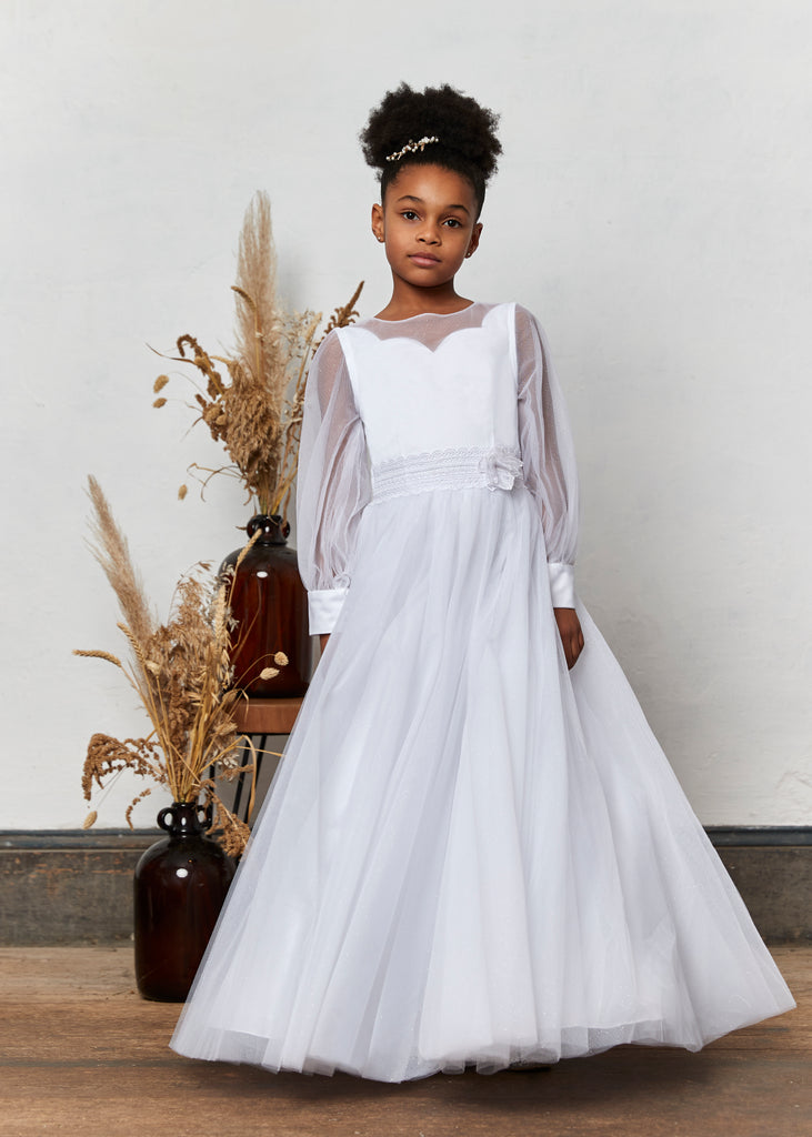 Chloe Belle Holy Communion Dress – Long Sheer Sleeves with Tulle Overlay