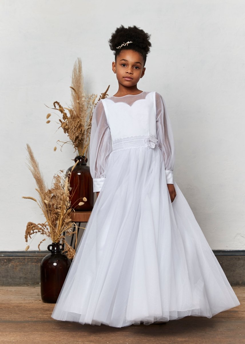 long sleeve communion dresses Chloe Belle Holy Dress – Sheer Sleeves with Tulle Overlay Little Black dress, Vintage *If you need this best sale bridesmaid dresses Size:7-8Y