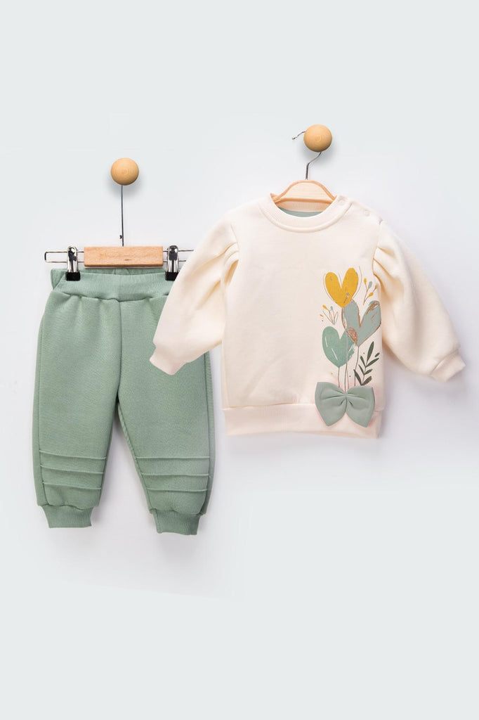 Baby Girls Two Piece Heart Print Bow Sage Tracksuit