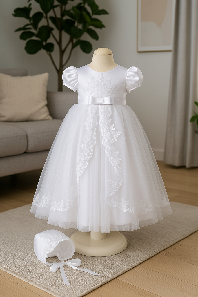 Christening lace and bow White Dress Baby Girl Gown