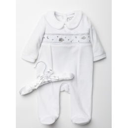 White unisex Pleated Smocked Sleepsuit