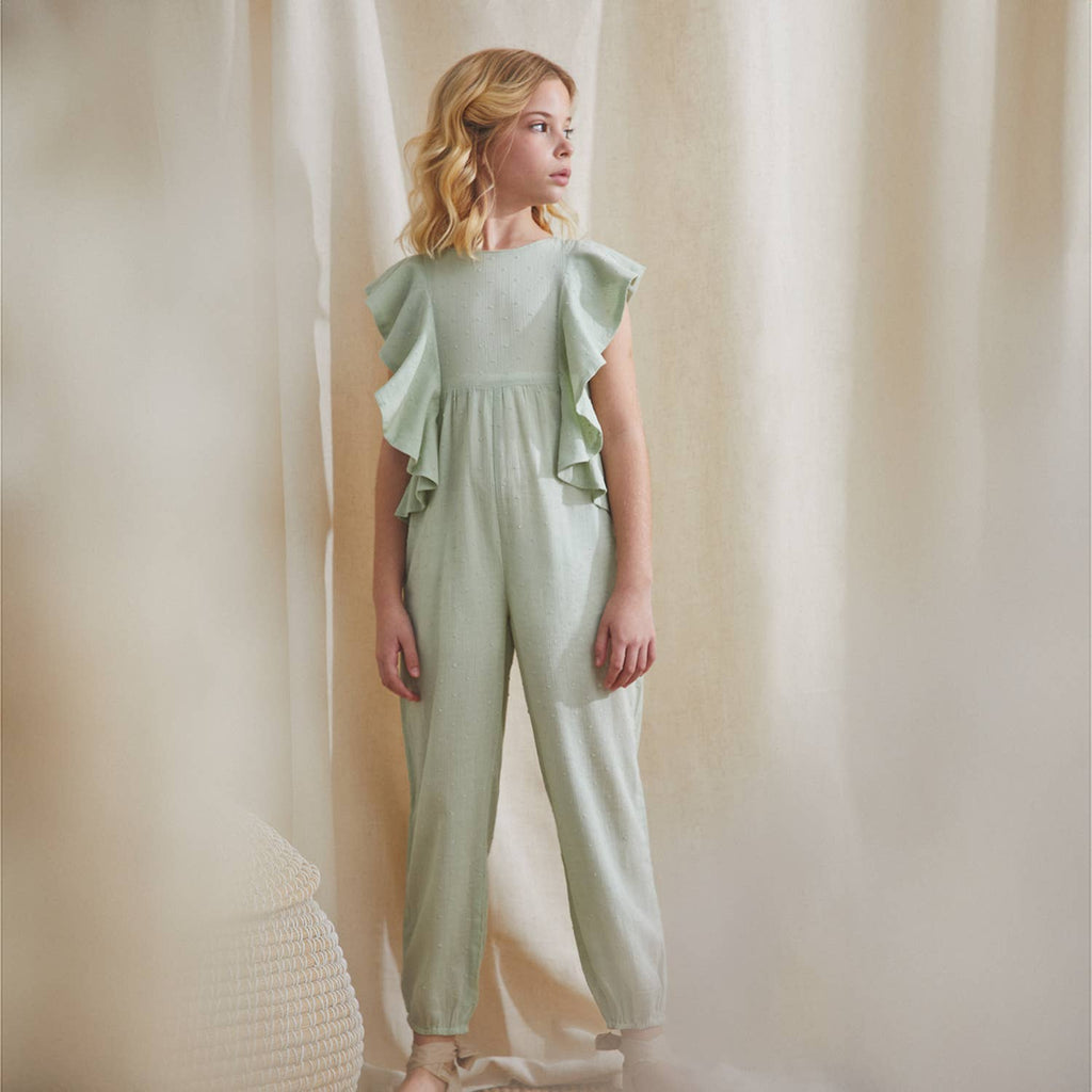 Girl's jumpsuit with ruffle in light green plumeti