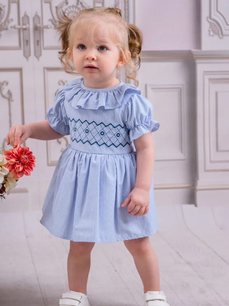 Blue stripe embroidered toddler dress