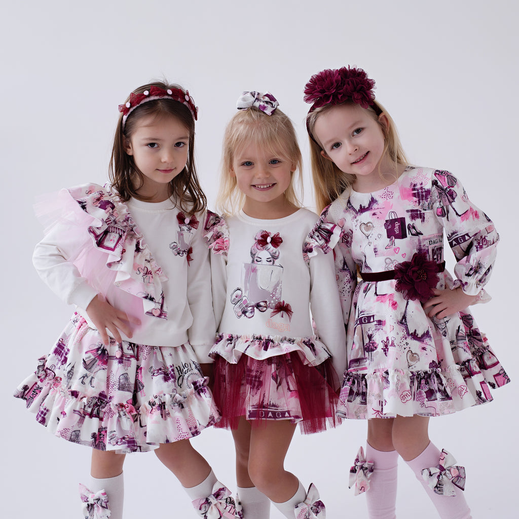 Daga Girls Fashion Street Ruffle Dress - Ivory Burgundy