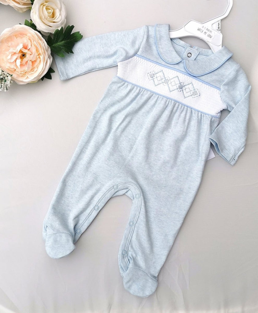 Blue Cotton smocked babygrow