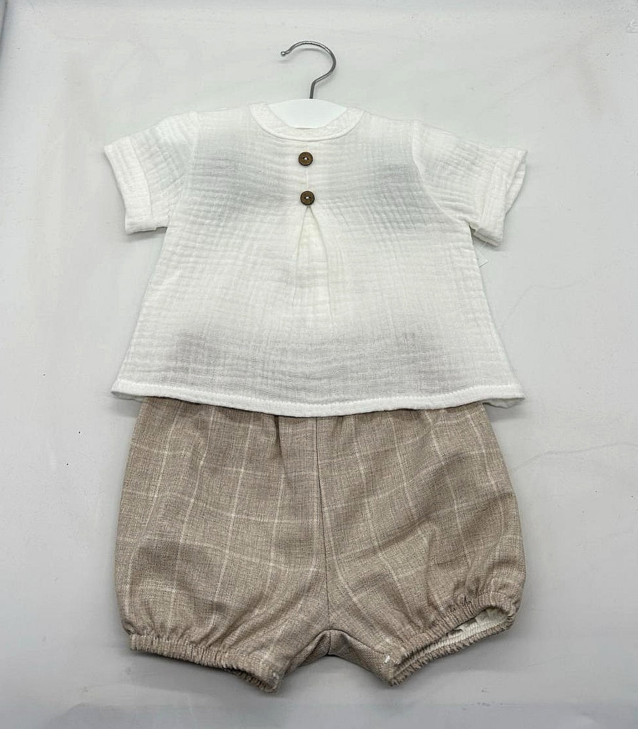 Boys Cream and beige shorts and linen shirt set