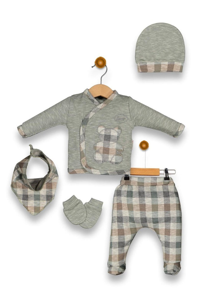 Baby Boys Embroidery 5pc Set with Mittens, Bib & Headband