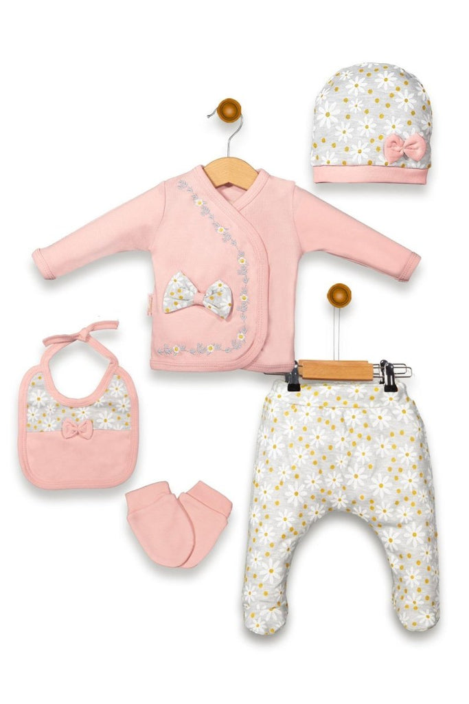 Baby Girls Floral Embroidery 5pc Set with Mittens, Bib & Headband