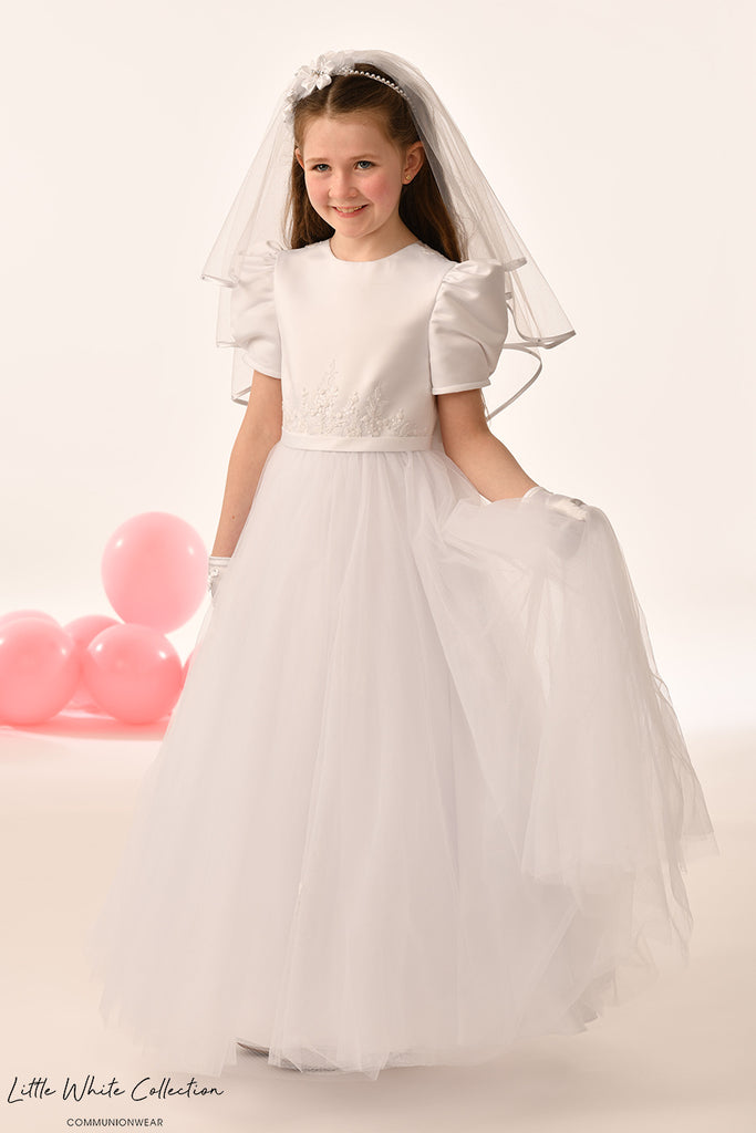 Elegant Linzi Jay Little White Collection Holy Communion Dress – Short Sleeves, Detailed Back & Soft Tulle Skirt