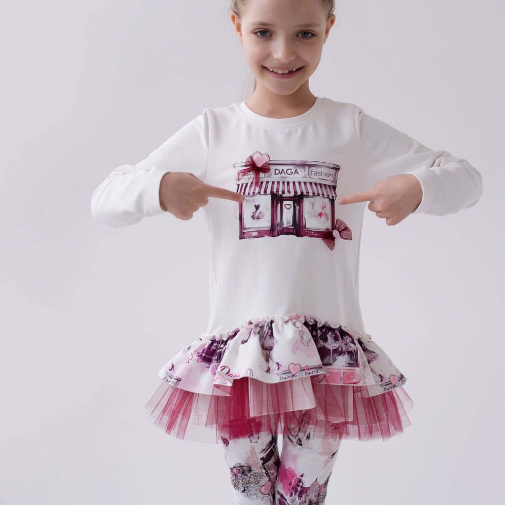 Daga Girls Fashion Street Tunic & Legging Set Ivory Burgundy