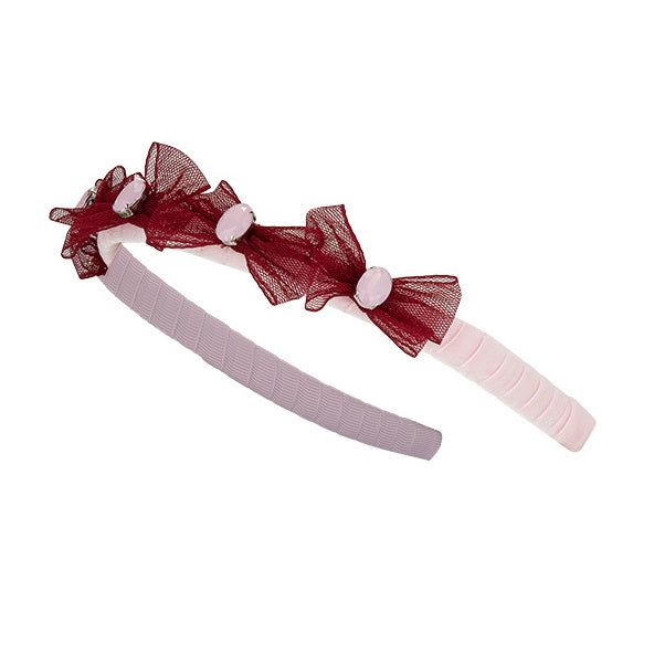 Daga Girls Fashion Street Tulle Bow & Crystal Headband - Burgundy