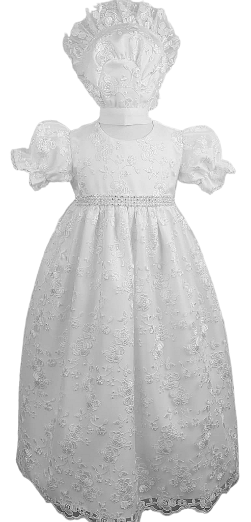 White embroidered Long Christening robe with bonnet