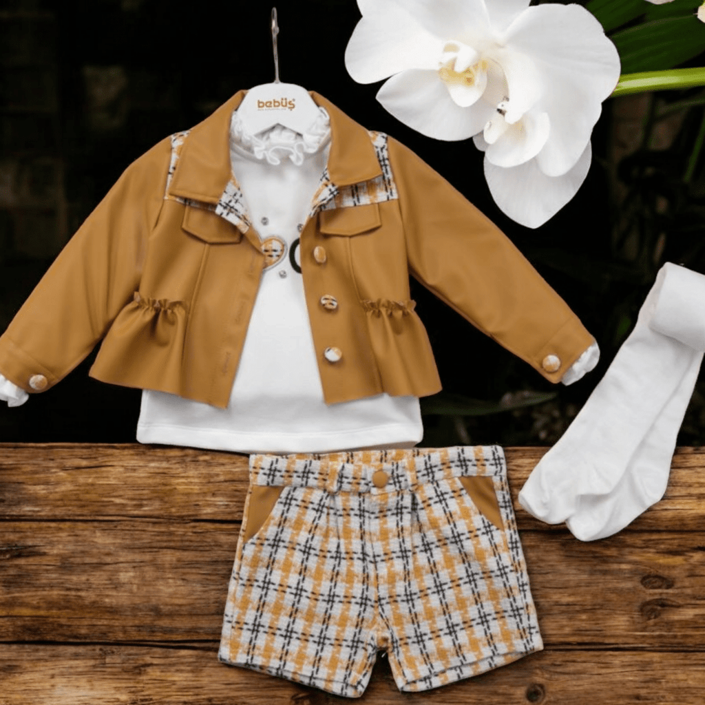 Girls Four Piece check short set with faux leather jacket