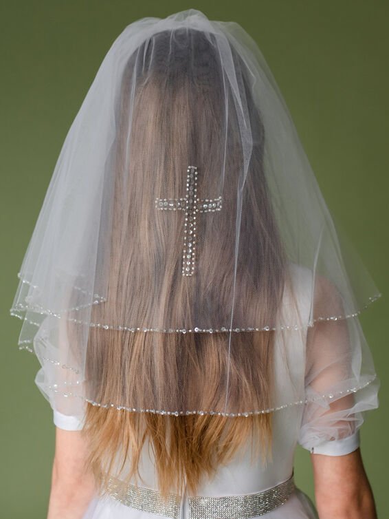 Linzi Jay Combed Veil with Crystal Sequin Edge and Cross LA116WT