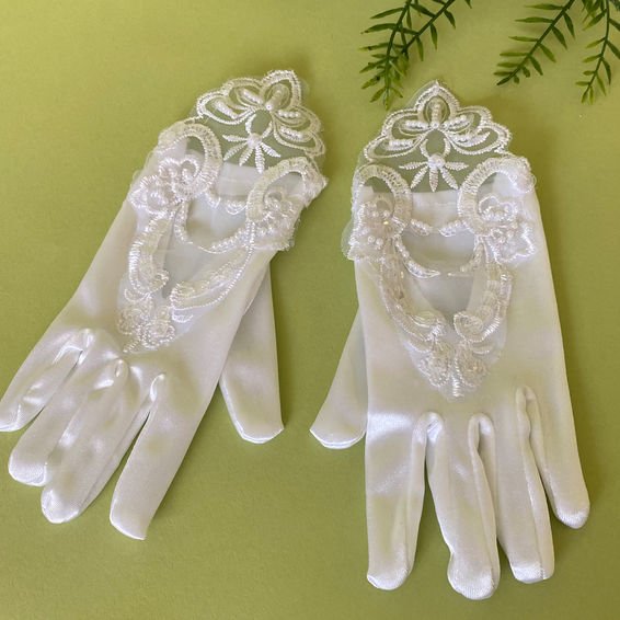 Linzi Jay white satin pearl gloves with beaded lace- LG84WT2