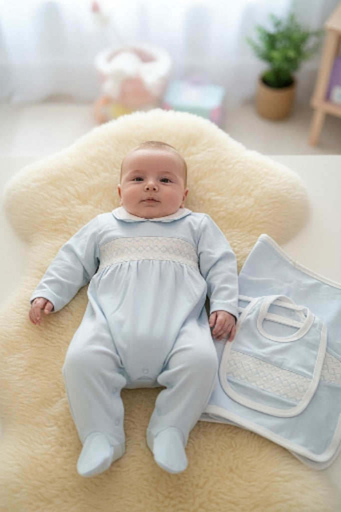 Baby boys smocked babygrow, blanket and bib with Peter pan collar