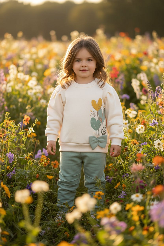 Baby Girls Two Piece Heart Print Bow Sage Tracksuit