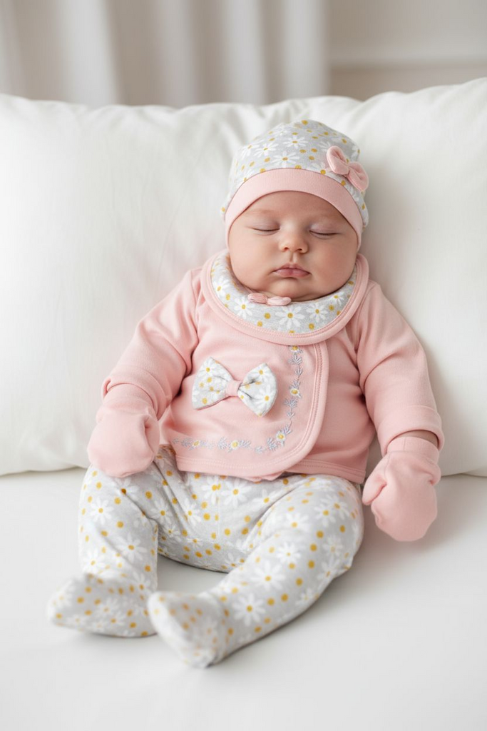 Baby Girls Floral Embroidery 5pc Set with Mittens, Bib & Headband