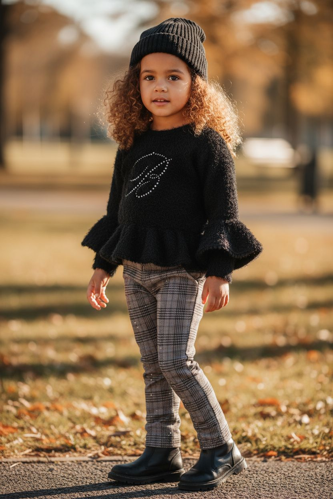 Girls diamante fut top & Check trousers