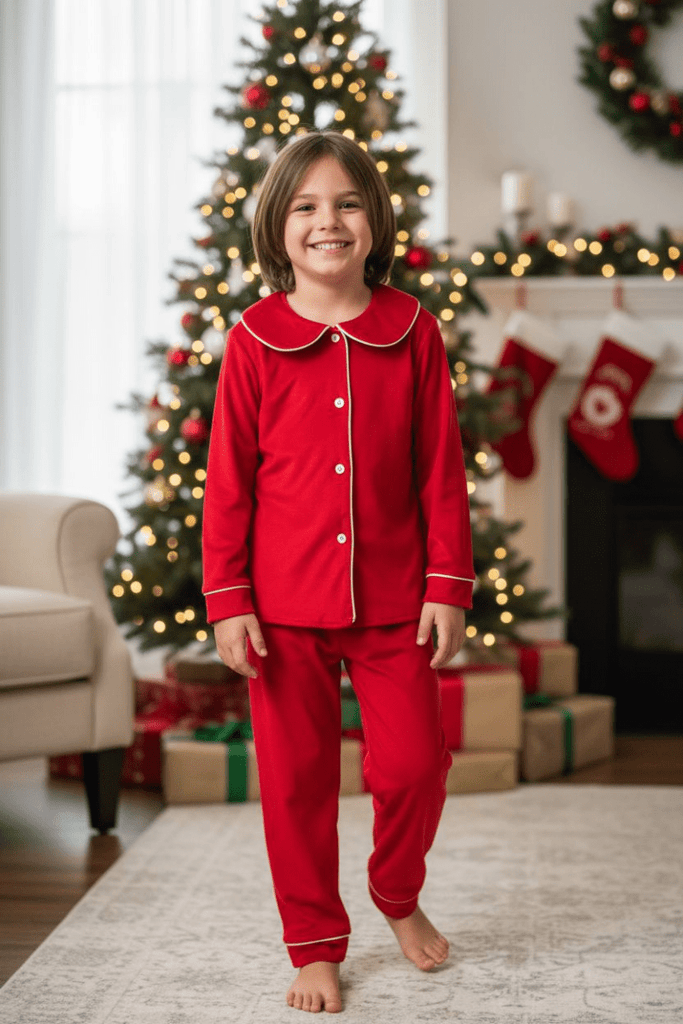 Red Velour Piped Christmas PJ Set