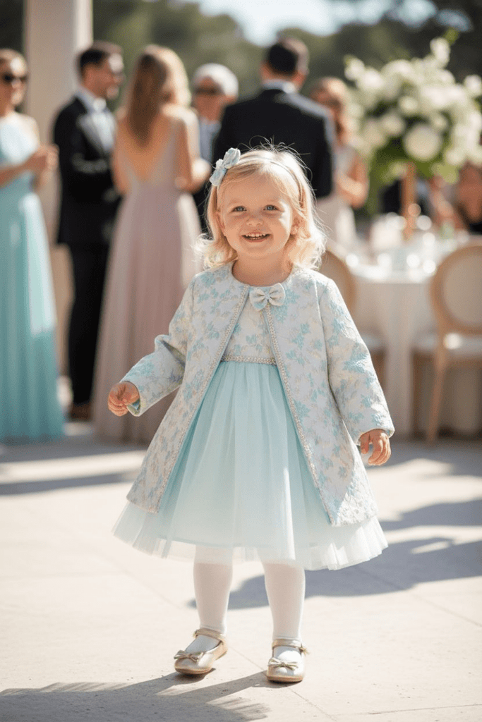 Girls’ Mint Green Jacquard Coat & Dress Set with Tulle Skirt – Special Occasion Wear