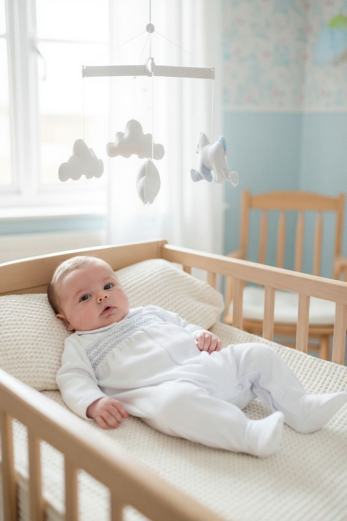White and blue smocked babygrow