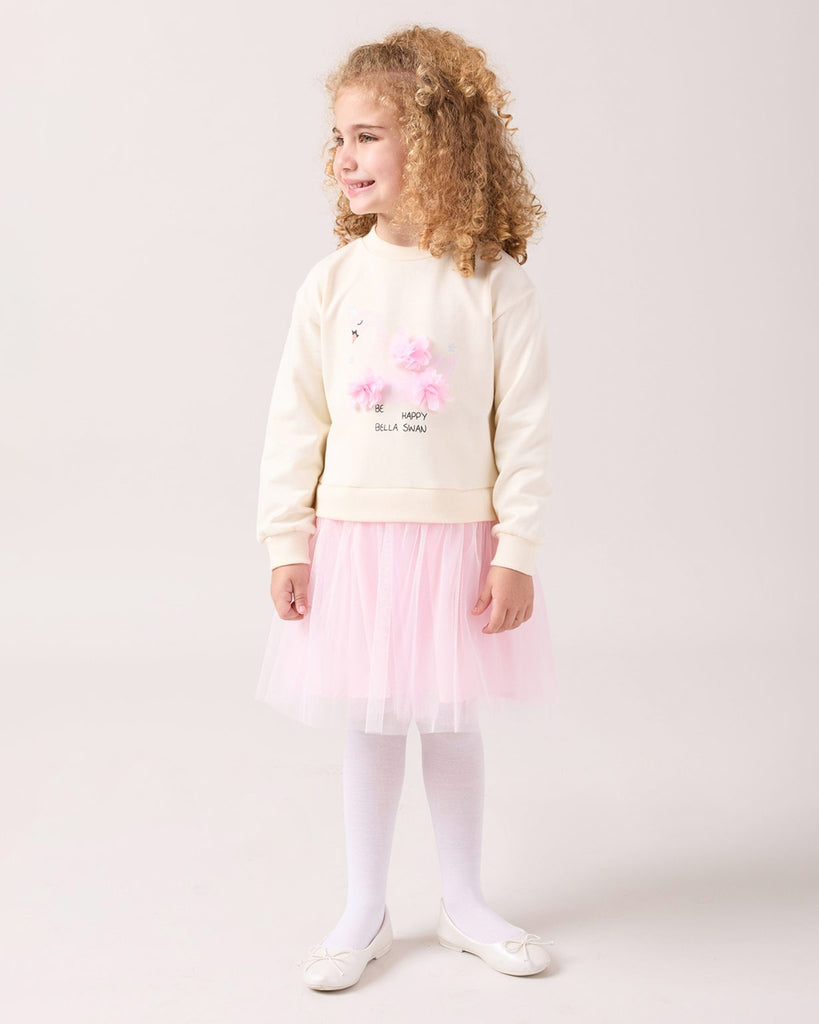 Girls Petal Swan Print Full Sleeve Dress pink