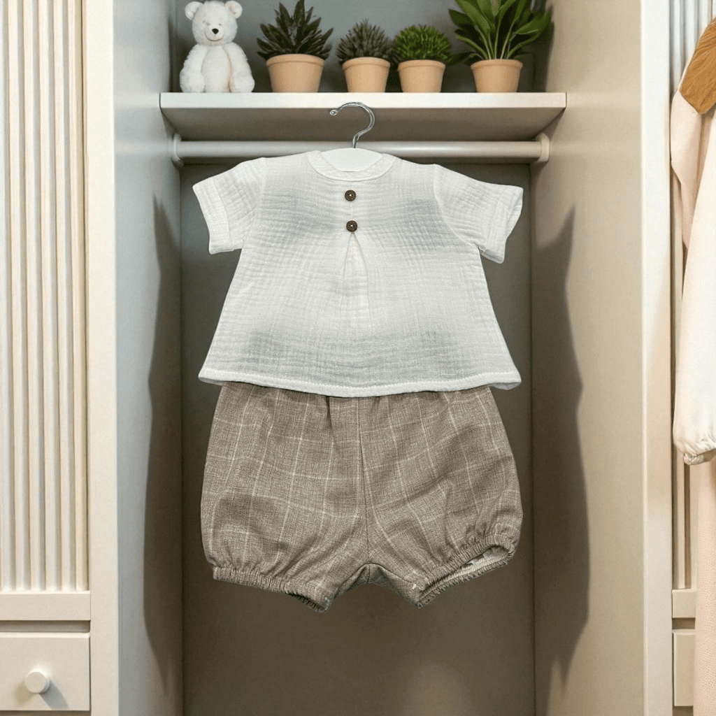 Boys Cream and beige shorts and linen shirt set