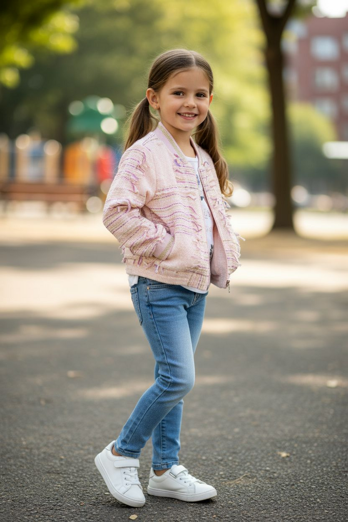 Girls Three Piece Embossed Jacket, Diamante Top & Jeans Set