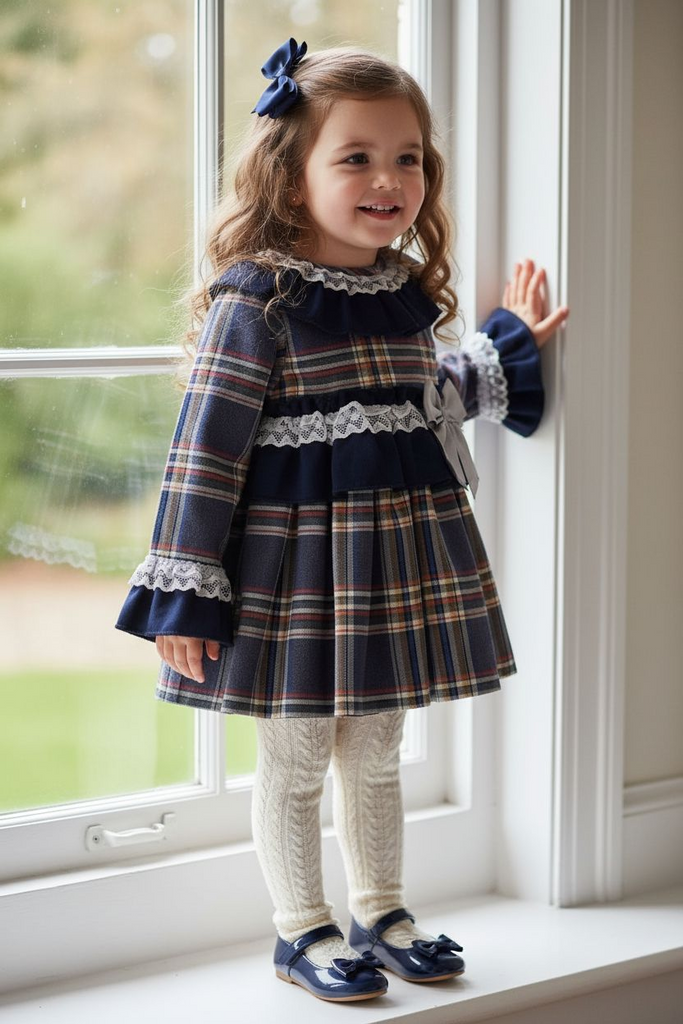 Girls’ Navy & Grey Spanish-Style Tartan Dress (6 Months – 3 Years)