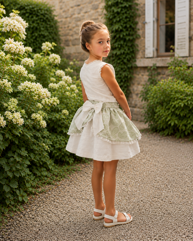 Dolce Petite Sage Paisley Bow Skirt & Linen Top Set