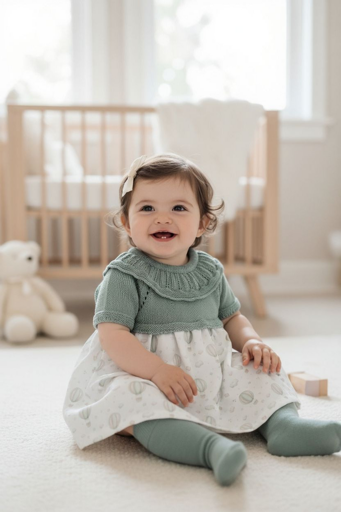 Green & Cream Baby Girl Dress with Balloon Print – Knitted Top