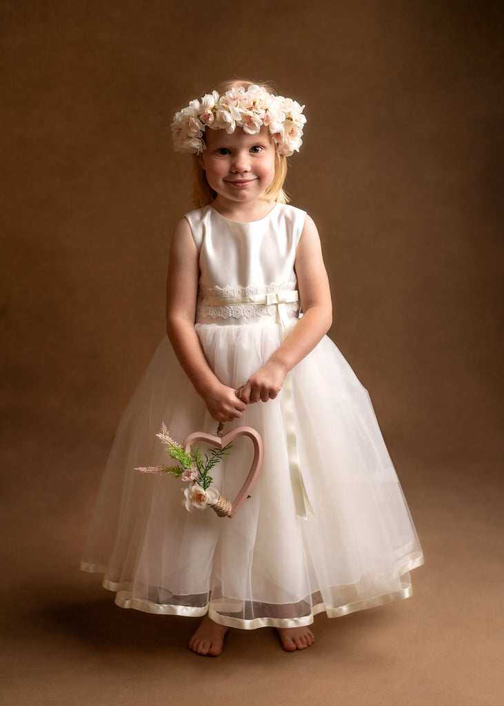Satin bodice and lace flowergirl dress