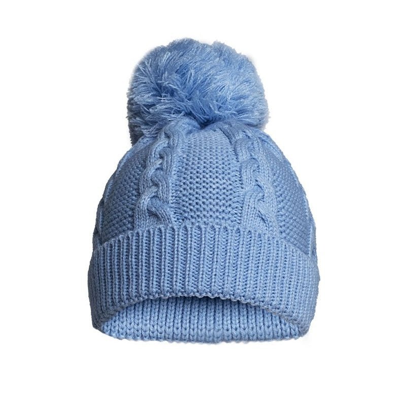 Blue ECO Cable Knit hat pom