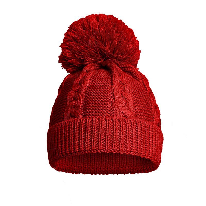 Red ECO Cable Knit hat pom