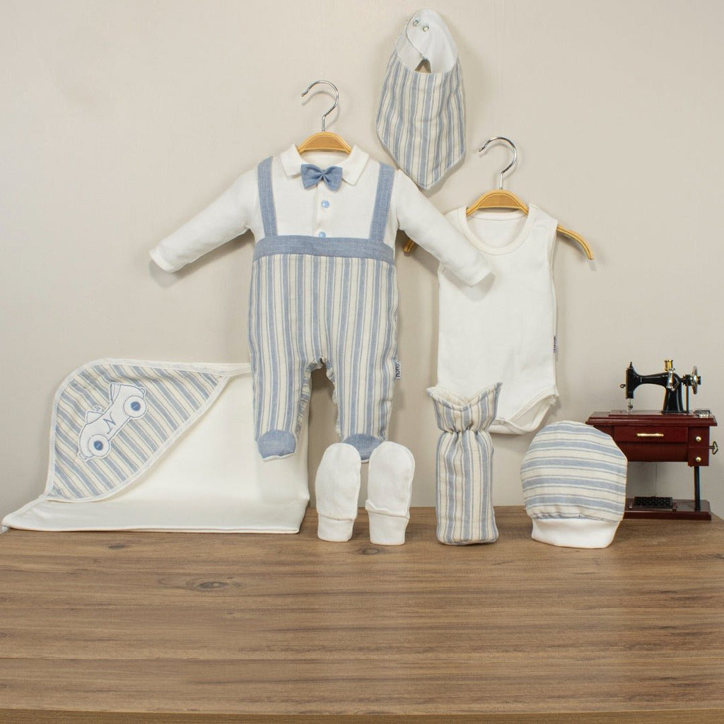 Baby Boys 7pc Blue stripe Romper, Bodysuit, Blanket & Mittens Set (Newborn)